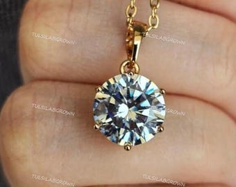 Colgante de diamantes cultivados en laboratorio con certificación IGI, solitario redondo, engaste de bisel dorado