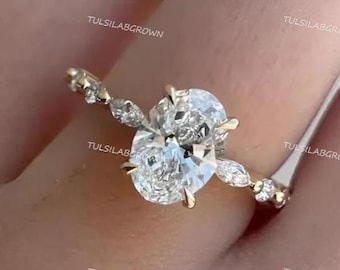 2 Carat Total E-F Color VVS2 Cut IGI Certified Oval Lab Grown Diamond Hidden Halo Engagement Ring, Side Round & Marquise Diamonds 4 Prongs