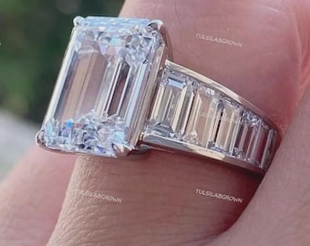 Anillo de compromiso de siete piedras con diamante cultivado en laboratorio, talla esmeralda, certificado por IGI, de 4 quilates, calidad E-F/VS1, en oro blanco de 14k. Regalo ideal para el Día de la Madre.