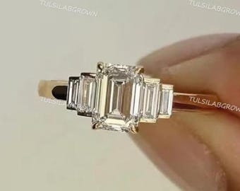 Art Deco Emerald Cut Lab Grown Diamond Ring 14K Gold 5 Stone Wedding Ring, Elegant Bridal Proposal Ring, Timeless Gift for Her