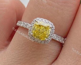 2.00 Ct Fancy Vivid Yellow Cushion Cut Lab Grown Diamond | IGI Certified VS1 | Rare Yellow Loose Diamond | Engagement Ring Stone