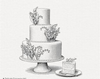 Diseño de grabado para pastel de bodas PNG / Descarga digital 300 ppp, 5000 px / Blanco + Transparente