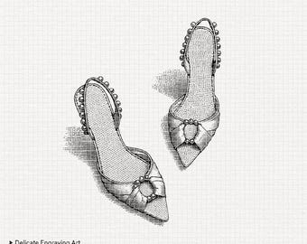 Diseño de grabado de zapatos de boda PNG / Descarga digital 300 ppp, 5000 px / Blanco + Transparente