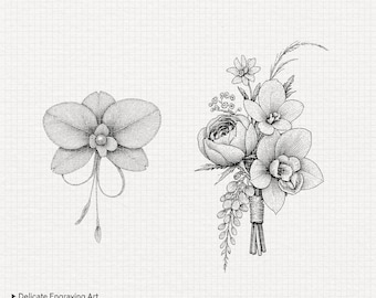 Grabado de boutonniere PNG / Descarga digital 300 ppp, 5000 px / Blanco + Transparente