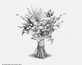 Diseño de grabado para ramo de novia PNG / Descarga digital 300 ppp, 5000 px / Blanco + Transparente