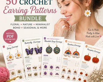 Pode incluir: Um pacote de 50 padrões de brincos de crochê. A imagem mostra vários designs de brincos, incluindo margaridas, borboletas, arco-íris e abóboras. O texto na imagem diz "Floral, Natureza, Minimalista, Boho, Sazonal e Mais". A imagem também diz "Download instantâneo de PDF".