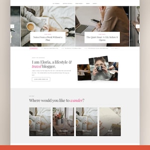 Può includere: Un layout di sito web per un blog di lifestyle e viaggi chiamato Eliora, con un menu di navigazione, miniature di articoli in evidenza con titoli come Notes From a Week Without a Plan, una sezione di presentazione e link alle categorie.