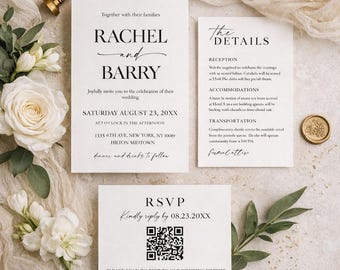 Wedding Invitation Suite Template with QR Code RSVP, Elegant Minimalist Canva Set, Instant Download