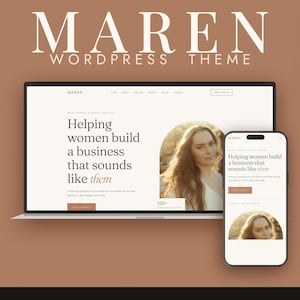 Op de afbeelding: Een Maren WordPress-thema weergegeven op een laptop- en smartphonescherm. De website bevat de tekst Helping women build a business that sounds like them, een portret in een boogframe en navigatiemenu's op een lichte achtergrond.