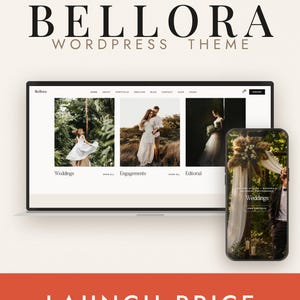 以下が含まれることがあります： Bellora WordPressテーマは、ノートパソコンとスマートフォンの画面にウェブサイトのレイアウトを表示しています。インターフェースには、Weddings、Engagements、Editorialなどの写真カテゴリーが含まれており、ナビゲーションメニューとテキストラベルが表示されています。