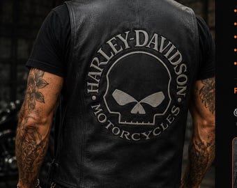 Harley Davidson heren motorvest van echt leer, zwart – geborduurd doodskopmotief, bikerstijl