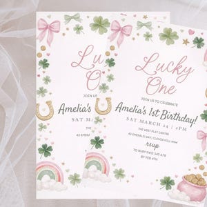 Lucky One 1st Birthday Invite, St Patrick's Day Invitation Printable Template, Pink Green Gold