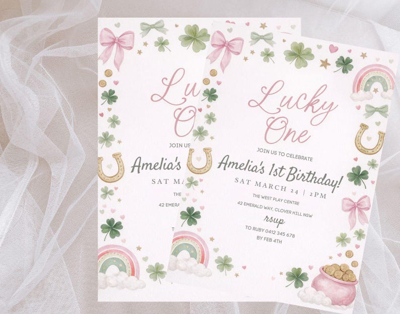Lucky One 1st Birthday Invite, St Patrick's Day Invitation Printable Template, Pink Green Gold