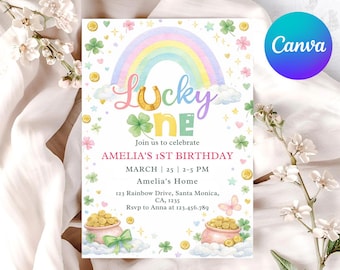 Lucky One 1st Birthday Invitation, St. Patrick's Rainbow, Shamrock Template (Digital Download)