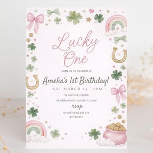 Lucky One 1st Birthday Invite, St Patrick's Day Invitation Printable Template, Pink Green Gold