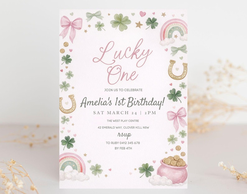 Lucky One 1st Birthday Invite, St Patrick's Day Invitation Printable Template, Pink Green Gold
