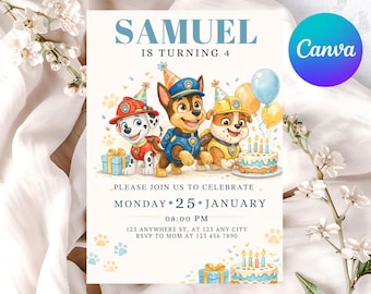 Puppy Patrol Birthday Invitation Template, Kids Paw-ty, Editable Canva (Instant Download)