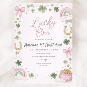 Lucky One 1st Birthday Invite, St Patrick's Day Invitation Printable Template, Pink Green Gold