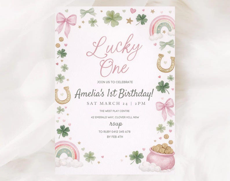 Lucky One 1st Birthday Invite, St Patrick's Day Invitation Printable Template, Pink Green Gold