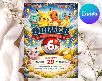 Pokemon Birthday Invitation, Pokemon Party Invite, Kids Card Template, Editable Canva Digital Download