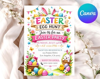 Easter Egg Hunt Party Invitation, Editable Canva Template (Digital Download)