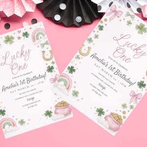 Lucky One 1st Birthday Invite, St Patrick's Day Invitation Printable Template, Pink Green Gold