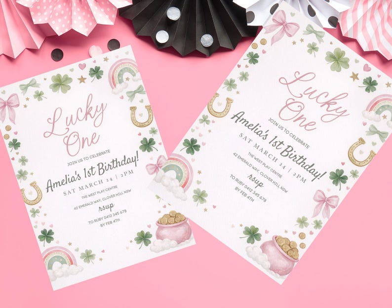 Lucky One 1st Birthday Invite, St Patrick's Day Invitation Printable Template, Pink Green Gold
