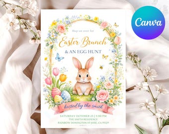 Floral Easter Bunny Brunch and Egg Hunt Invitation (Editable Canva)