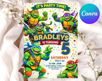Ninja Turtles Birthday Invitation, Editable Karate Invite, Canva Template