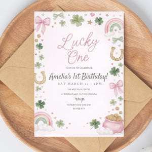Lucky One 1st Birthday Invite, St Patrick's Day Invitation Printable Template, Pink Green Gold