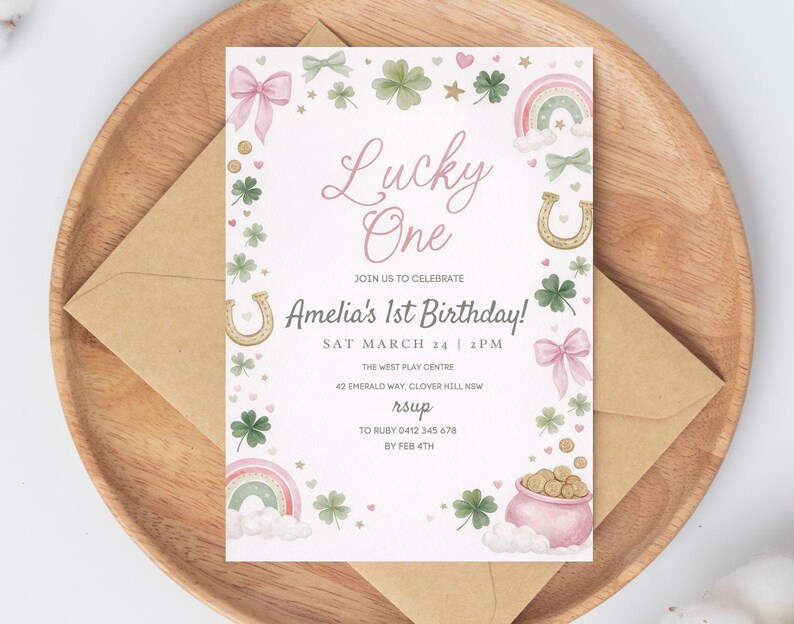 Lucky One 1st Birthday Invite, St Patrick's Day Invitation Printable Template, Pink Green Gold