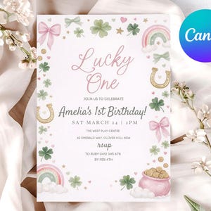 Lucky One 1st Birthday Invite, St Patrick's Day Invitation Printable Template, Pink Green Gold