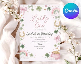 Lucky One 1st Birthday Invite, St Patrick's Day Invitation Printable Template, Pink Green Gold