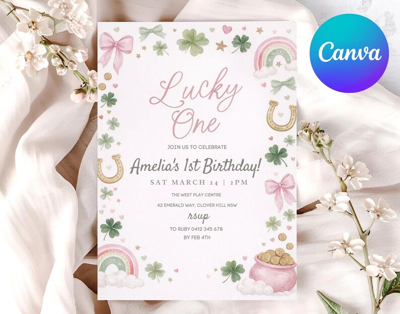 Lucky One 1st Birthday Invite, St Patrick's Day Invitation Printable Template, Pink Green Gold