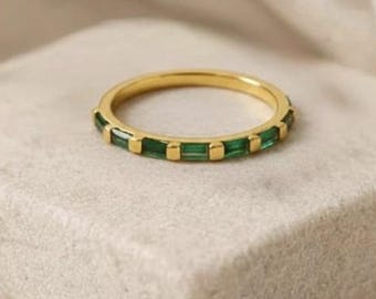 Gold Emerald Baguette Ring, 18k Gold Plated Green Gemstone Eternity Band, Minimalist Stack able Ring for Women, Wedding Band, Gift for Her