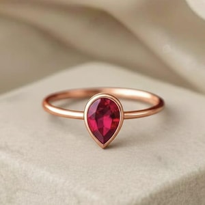 14K Rose Gold Pear Cut Ruby Ring, Bezel Set Teardrop Ruby Engagement Ring, Minimalist Red Gemstone Ring for Women, July Birthstone Jewelry