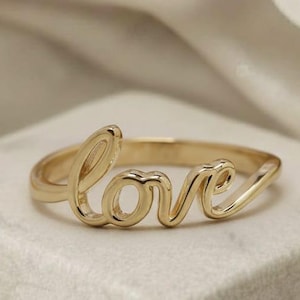 14K Solid Gold Love Ring, Script Name Ring, Dainty Cursive Ring for Women, 925 Sterling Silver Love Band, Valentine’s Day Gift for Her