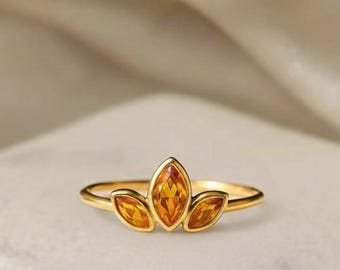 Markiezincitrien ring in 14 kt goud, statement ring lotusbloemblaadje, gele edelsteen sieraden, minimalistische boho kroonring, uniek cadeau voor haar