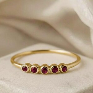 14K Gold 5 Stone Ruby Ring, Dainty Minimalist Red Gemstone Band, July Birthstone Jewelry, Simple Ruby Stacking Ring, Promise Gift for Her