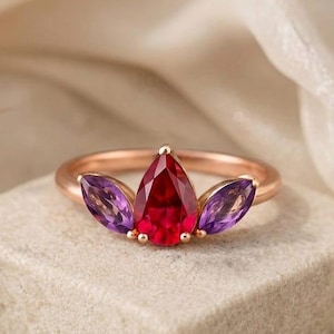 Pear Cut Ruby & Marquise Amethyst Engagement Ring in 14K Rose Gold, Three Stone Anniversary Ring, Birthstone Jewelry for Her, Unique Gift