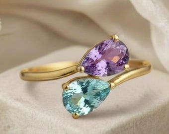 Toi et Moi-peerring met amethist en aquamarijn in 18 kt geelgoud, bypass-verlovingsring met twee stenen, unieke edelsteenbeloftering voor vrouwen