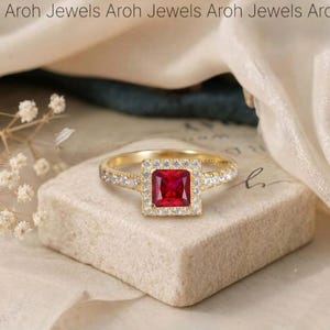 14K Gold Red Ruby Engagement Ring, Princess Cut Ruby Halo Ring for Women, Square Gemstone Statement Ring, Anniversary Gift for Her