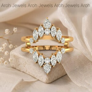 Art Deco Moissanite Pear & Marquise Cut Ring Enhancer, 14K Gold Double Row Guard, Unique Bridal Set Ring Jacket, Stackable Solitaire Wrap