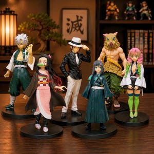 Könnte beinhalten: Eine Sammlung von sechs Anime-Charakterfiguren, jeweils auf einem schwarzen kreisförmigen Sockel. Die Figuren weisen detaillierte Kostüme und leuchtende Farben auf, darunter Grün, Rosa und Schwarz. Der Hintergrund umfasst ein Holzregal mit Büchern und einen Wandbehang im japanischen Stil.