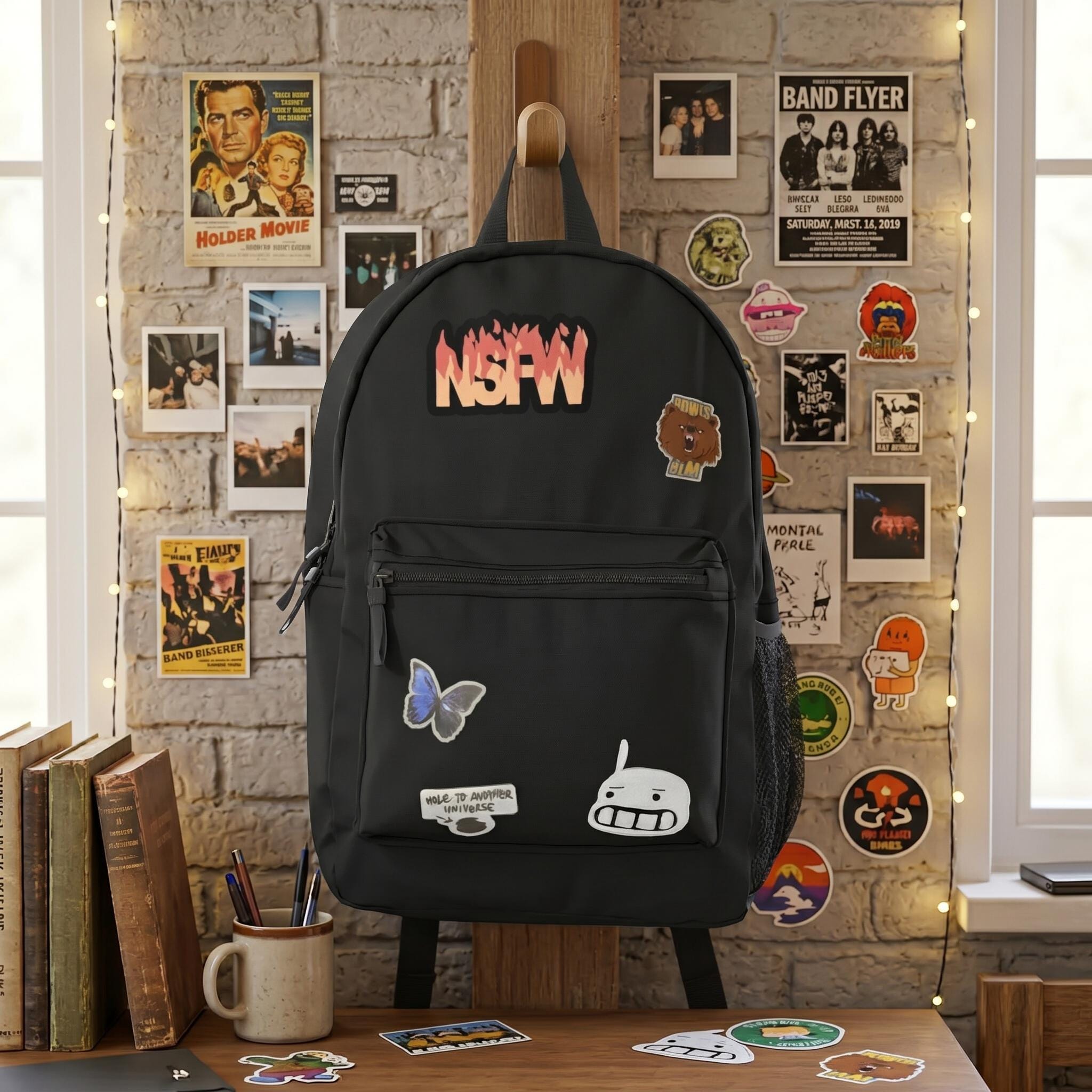 Black Patch Backpack, Sticker Style School Bag, Indie Graphic Travel ...