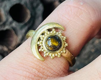 Tiger Eye Brass Ring | Crescent Moon Stone Ring | Gold Plated Brass Celestial Jewelry | Women Boho Ring | Cabochon Statement Ring