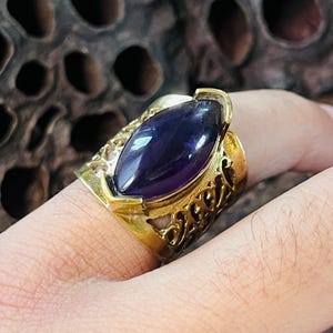 Bague large en laiton filigrane | Bague en or avec améthyste | Bague tendance en laiton | Bague en or faite main