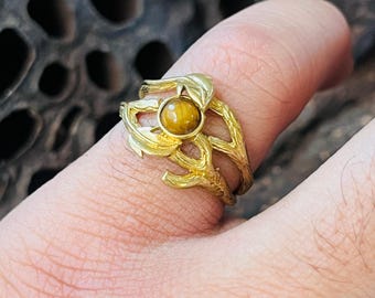 Tigerauge Vintage Messing Ring | Großer Ring | Vergoldete Cocktail-Ring | Sculpted Boho Schmuck | Natur inspiriert Messing Ring