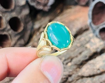 Grüner Onyx Statement Ring Damen | Vintage Oval Stein Ring | Vergoldete Messing Skulpturale Design | Boho Klassisch Schmuck | Breiter Ring