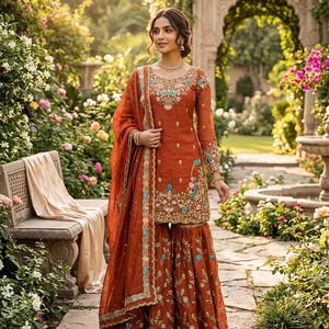 Designer JMC Silk Anarkali Sharara Set for Women, Heavy Sequence Thread Work Party Wear Suit with Dupatta, Indian Wedding Ethnic Outfit